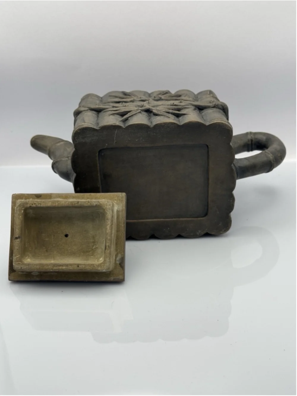 Chinese Dark Gray Pottery Teapot with Bamboo Relief Motif